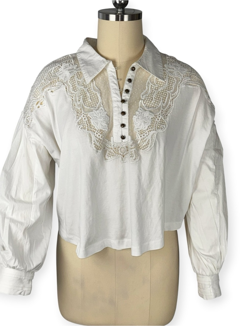 Maeve Anthropologie White Lace Bishop Sleeve Boho Blouse M Oversized